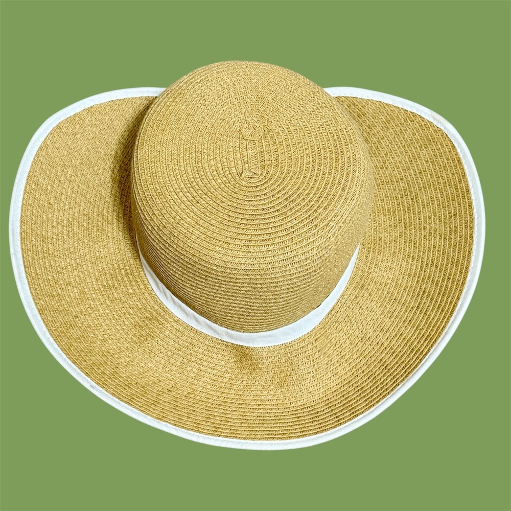 Scala Collezione‎ Handcrafted Tan Straw Wide Brim Sun Hat White Trim One Size